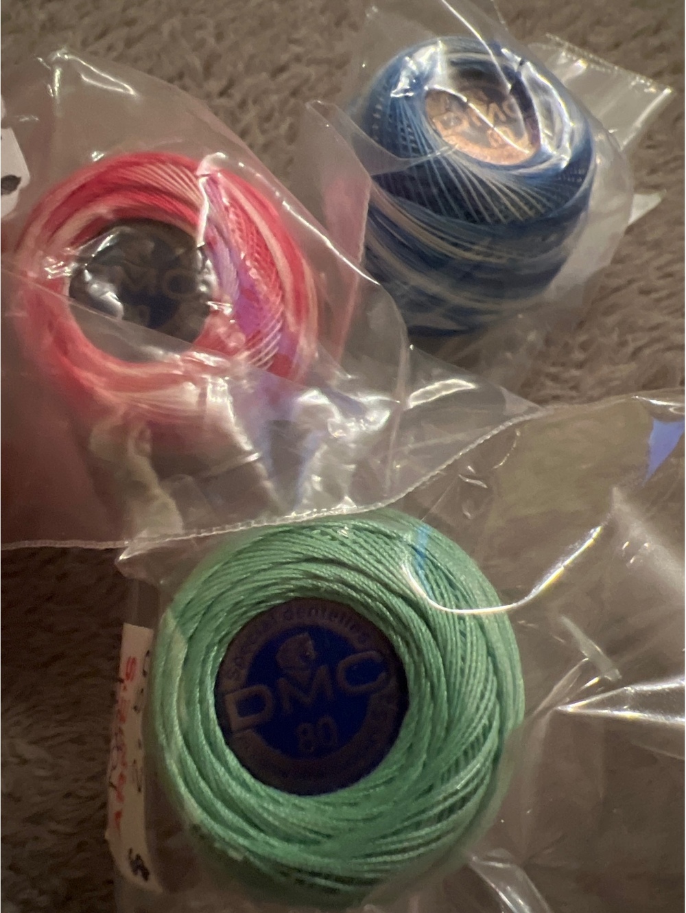 Set of 3 DMC Special Dentelles 80 Cotton Thread Spools in Pink, Blue, and Green